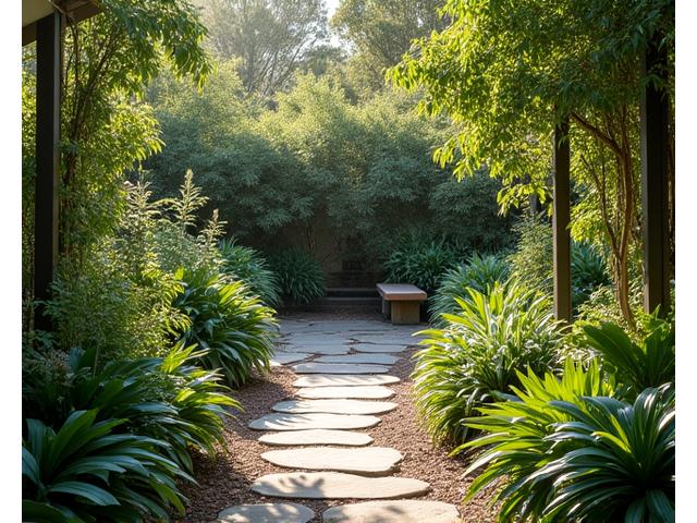 Lush native garden with pathways and seating